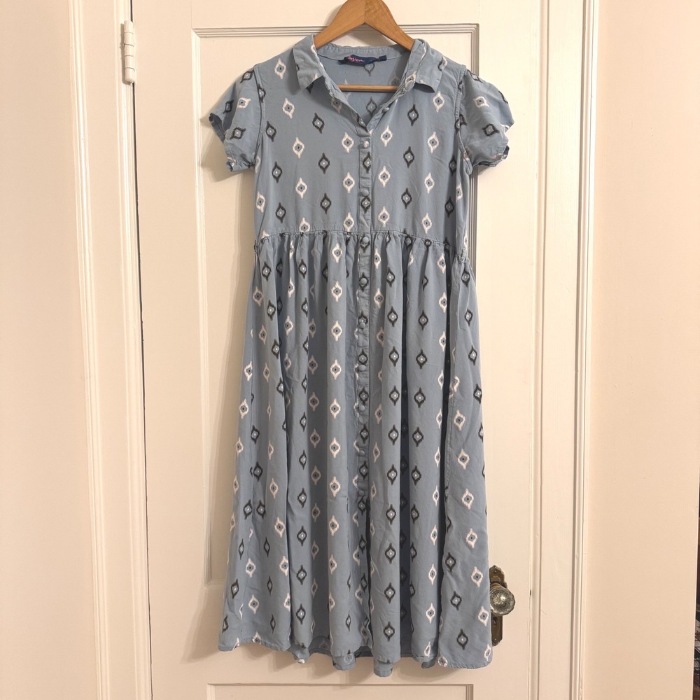 Fusion Womens Blue Ikat Diamond Print Midi Shirt Dress Faux Button Front Large